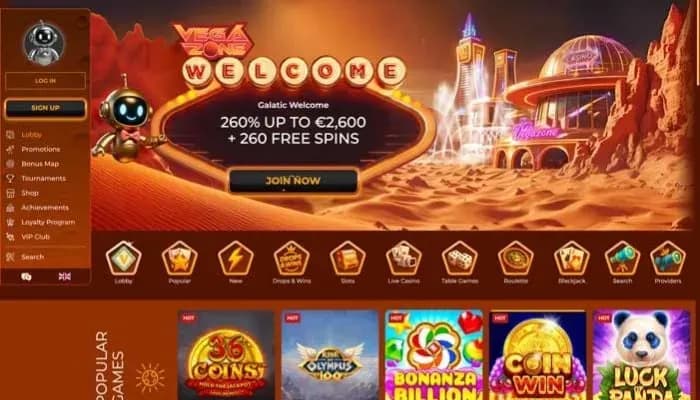 VegaZone Casino website screenshot