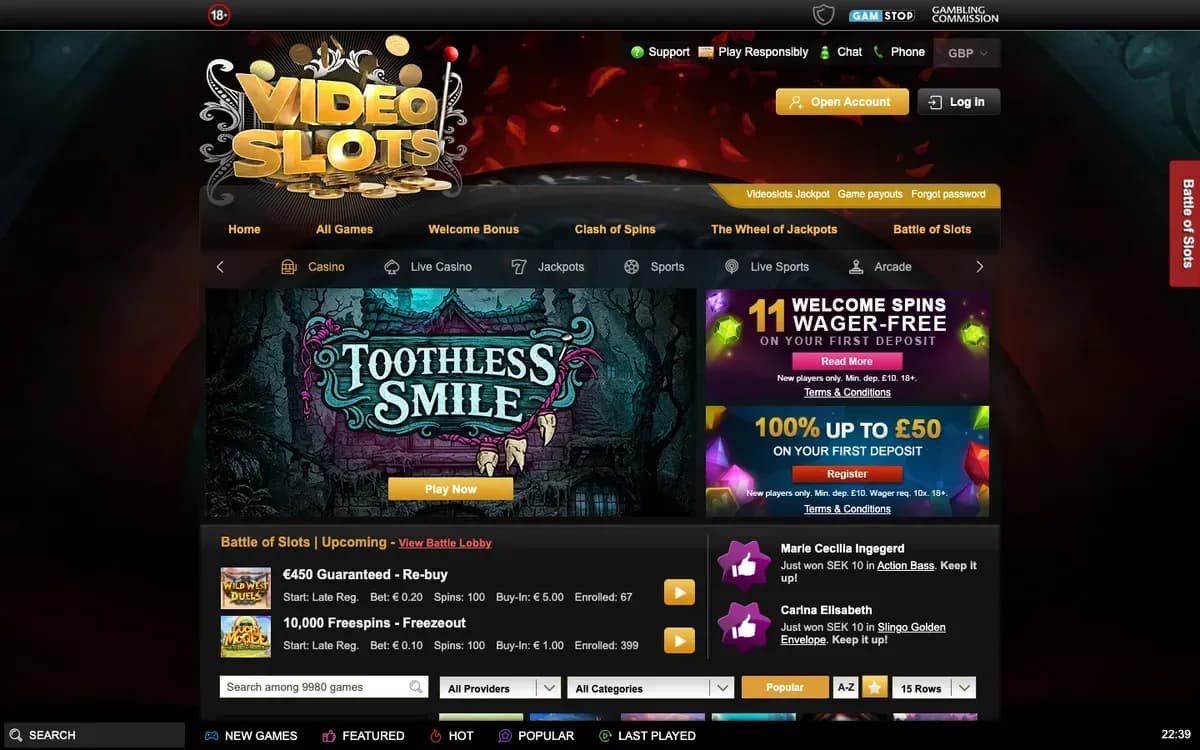 Videoslots Casino website screenshot