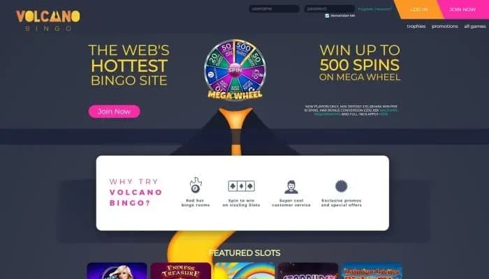 Volcano Bingo Casino website screenshot