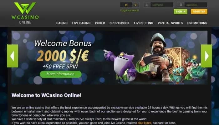 Wcasino Online website screenshot