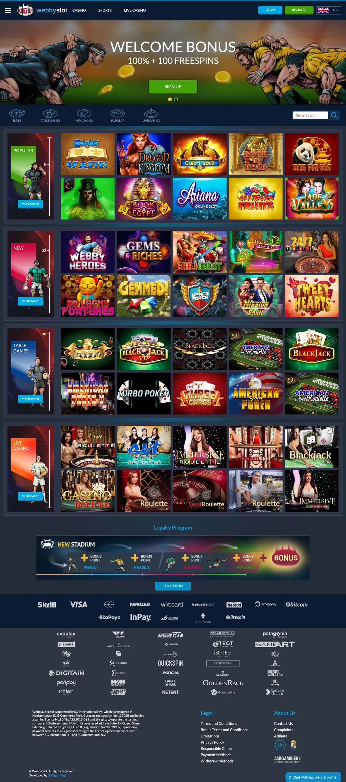 Webby Slot Casino website screenshot