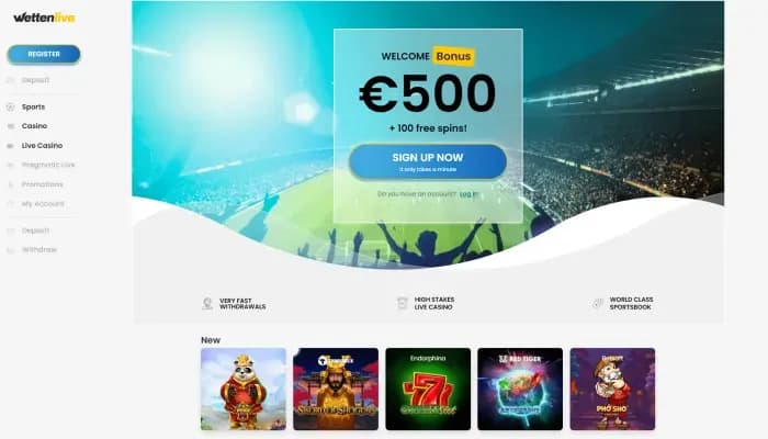 Wettenlive Casino website screenshot