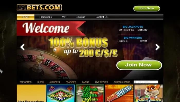 Captura del sitio web de 21Bets Casino