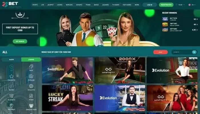 Captura del sitio web de 22bet Casino