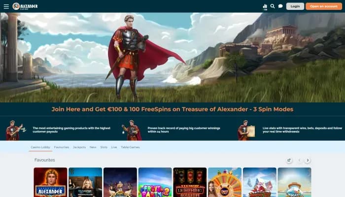 Captura del sitio web de Alexander Casino