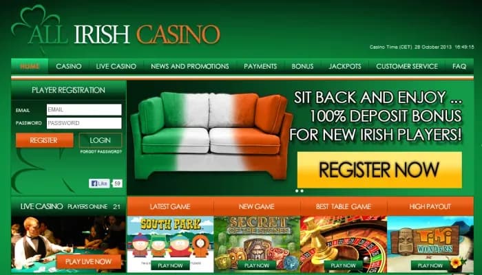 Captura del sitio web de All Irish Casino
