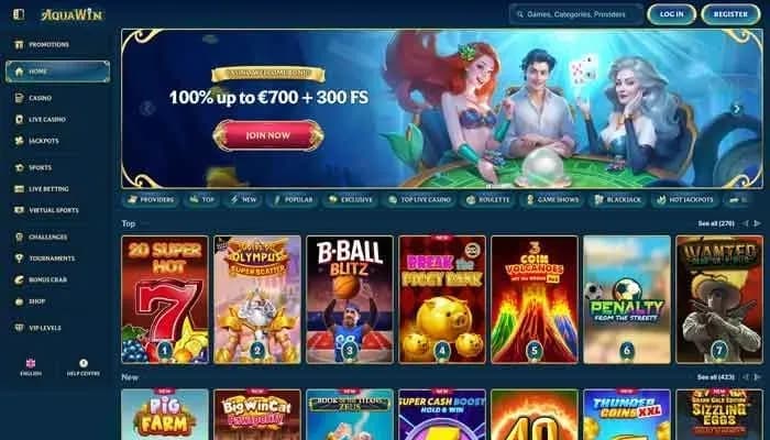 Captura del sitio web de Aquawin Casino