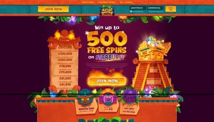 Captura del sitio web de Aztec Wins Casino