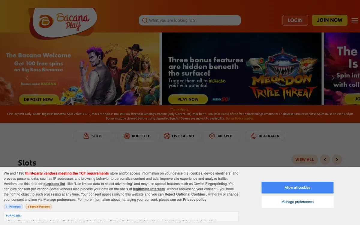 Captura del sitio web de BacanaPlay Casino