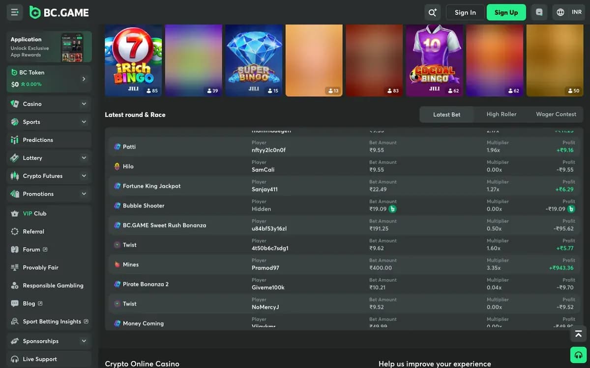 Captura del sitio web de BC.Game Casino India