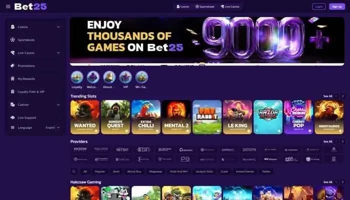 Captura del sitio web de Bet25 Casino