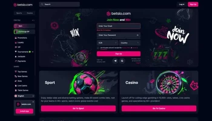 Captura del sitio web de Betsio Casino