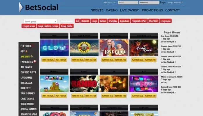 Captura del sitio web de BetSocial Casino