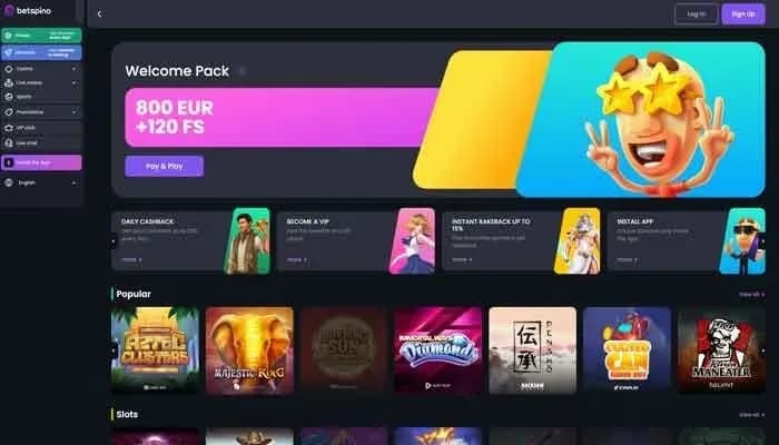 Captura del sitio web de Betspino Casino