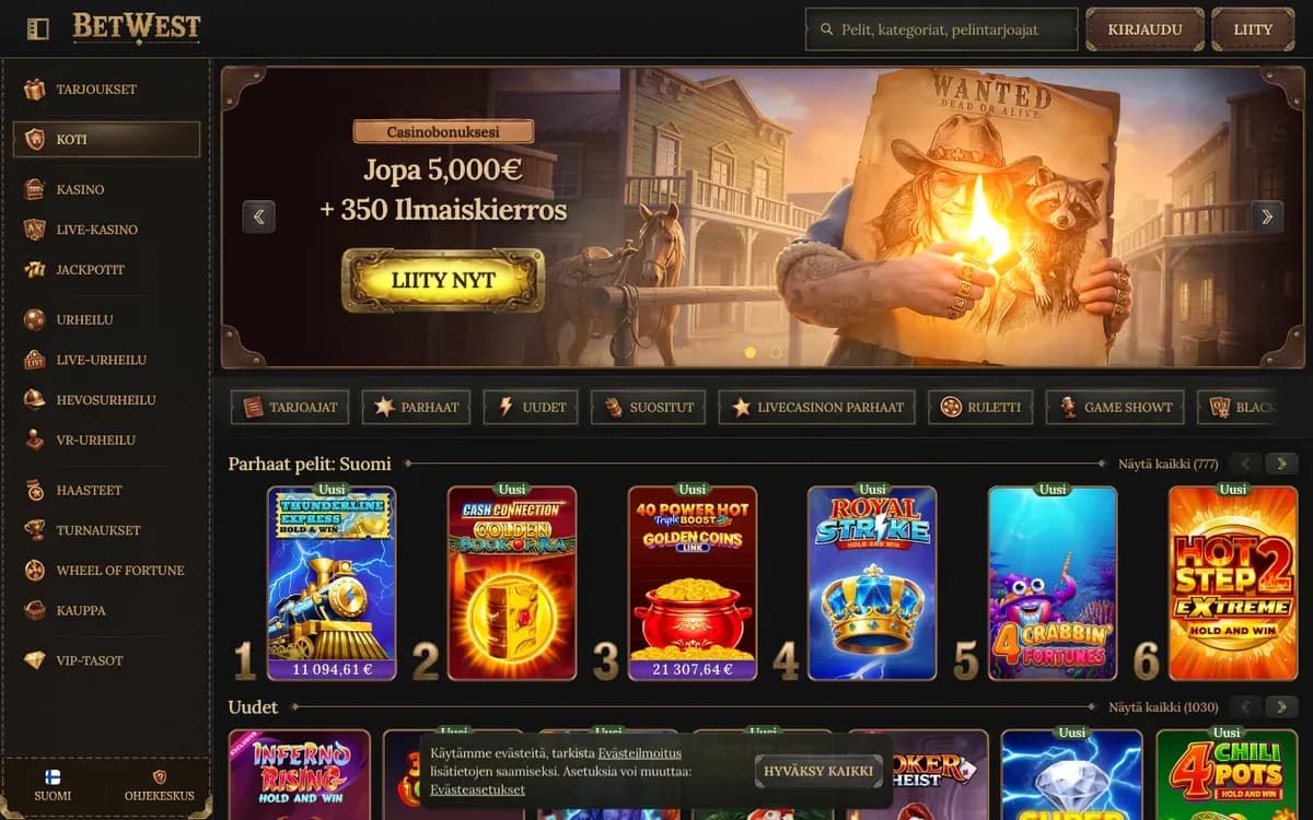 Captura del sitio web de BetWest Casino