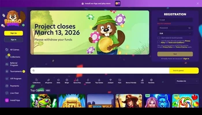 Captura del sitio web de BingoBonga Casino
