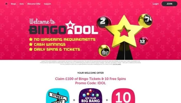 Captura del sitio web de BingoIdol Casino
