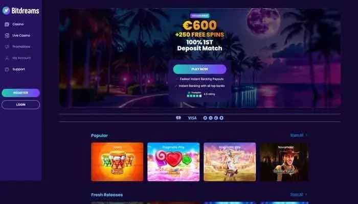 Captura del sitio web de Bitdreams Casino