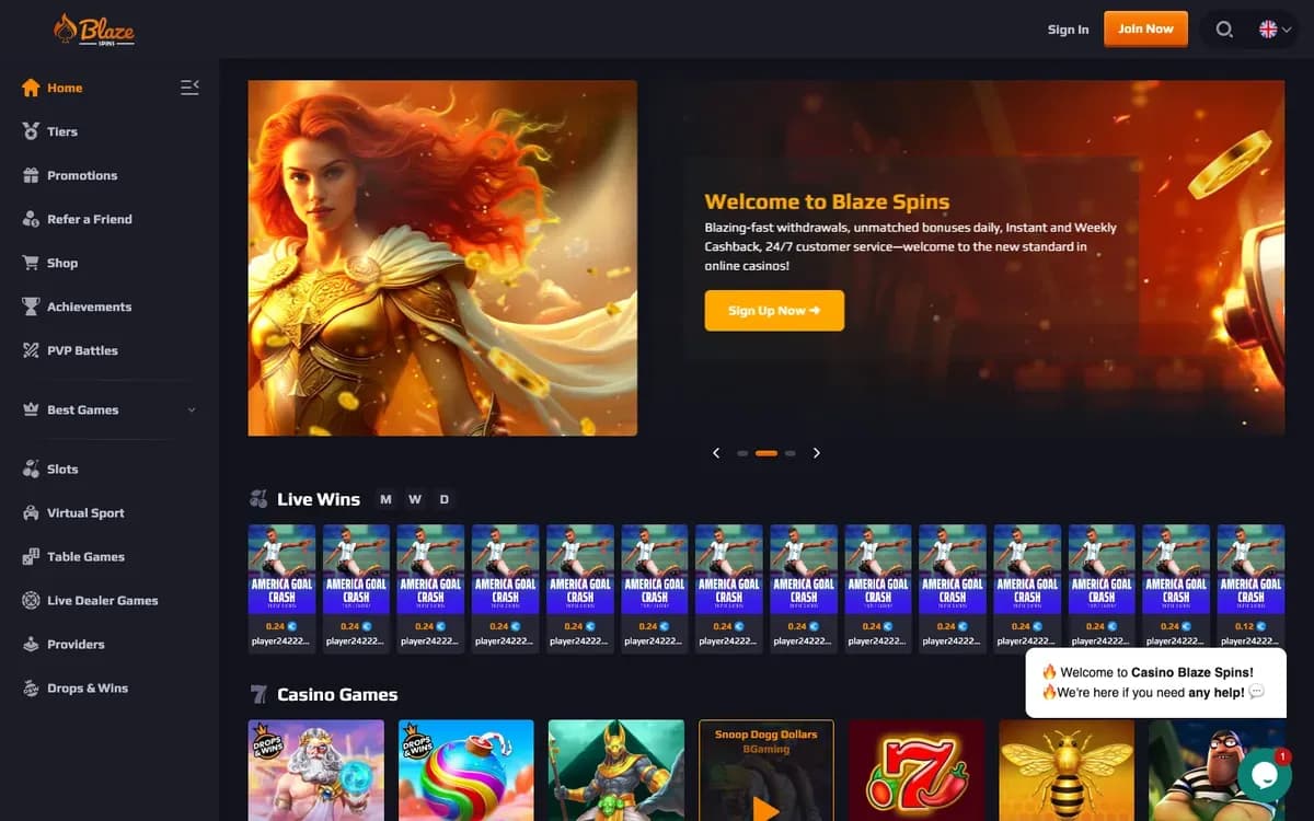 Captura del sitio web de Blaze Spins Casino