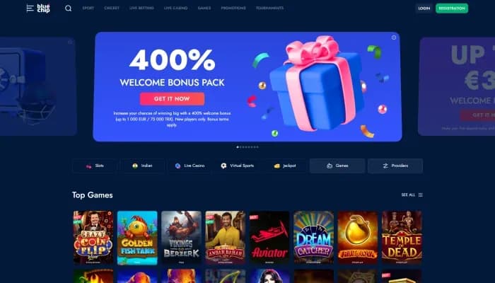 Captura del sitio web de BlueChip Casino