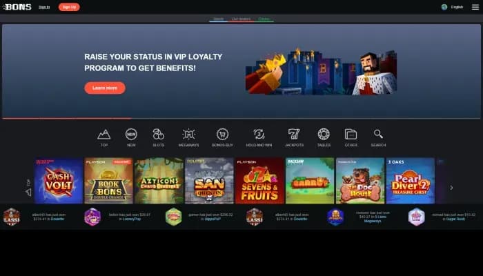Captura del sitio web de Bons Casino