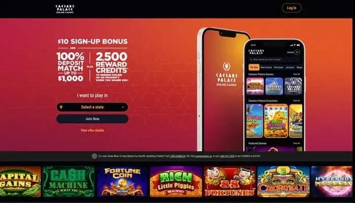 Captura del sitio web de Caesars Palace Casino USA