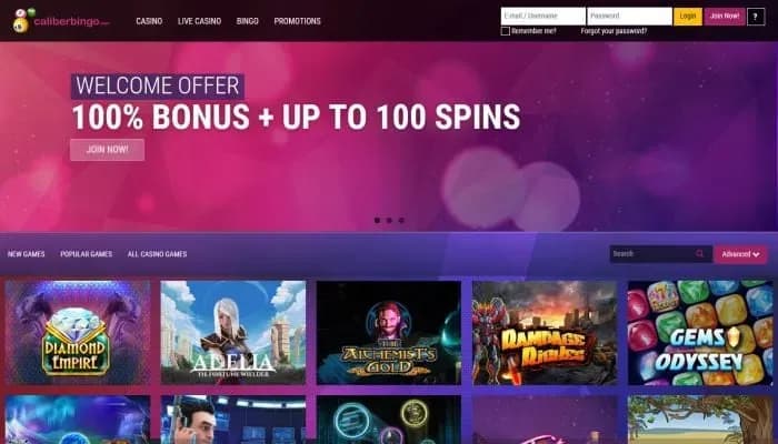 Captura del sitio web de CaliberBingo Casino