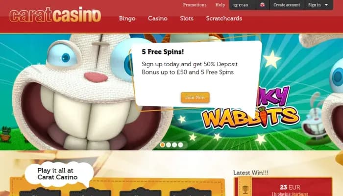 Captura del sitio web de Carat Casino