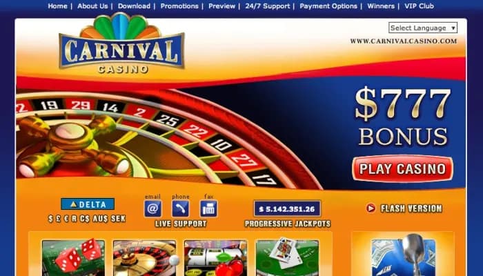 Captura del sitio web de Carnival Casino