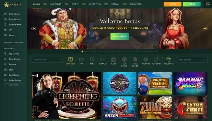 Captura del sitio web de Casinia Casino
