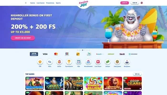 Captura del sitio web de Casino Joy