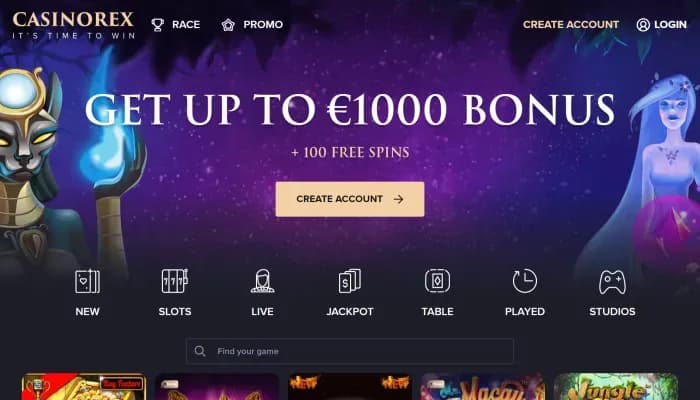 Captura del sitio web de CasinoRex