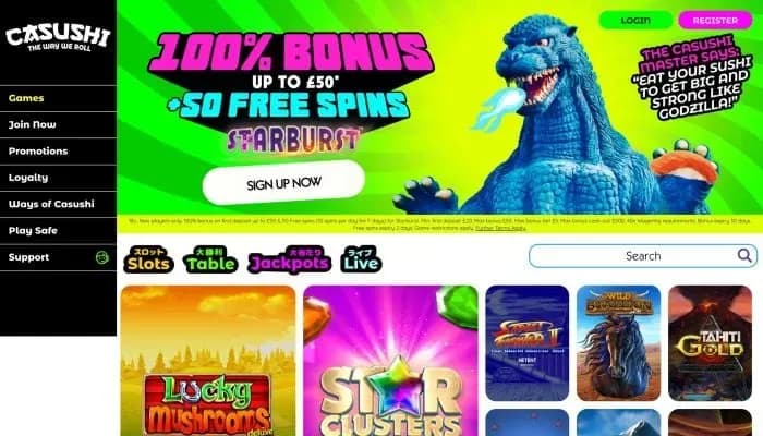 Captura del sitio web de Casushi Casino