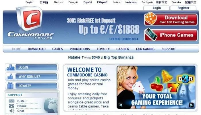 Captura del sitio web de Commodore Casino