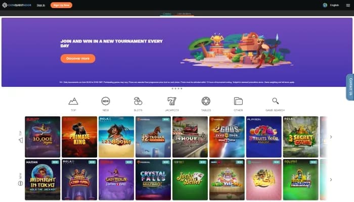 Captura del sitio web de Conquestador Casino