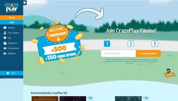 Captura del sitio web de CrazePlay Casino