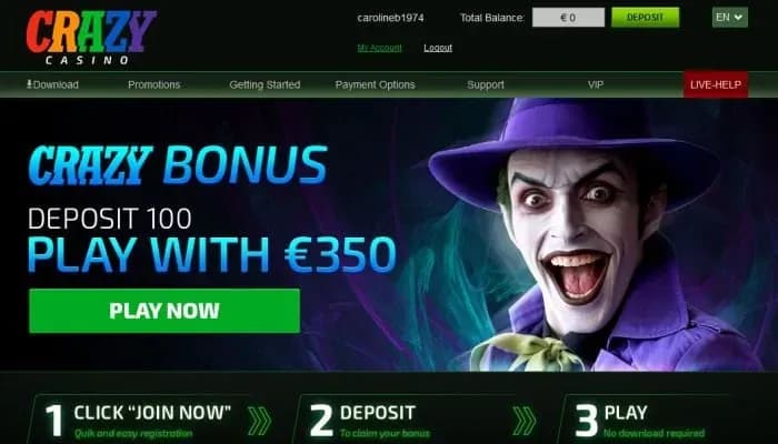 Captura del sitio web de Crazy Casino