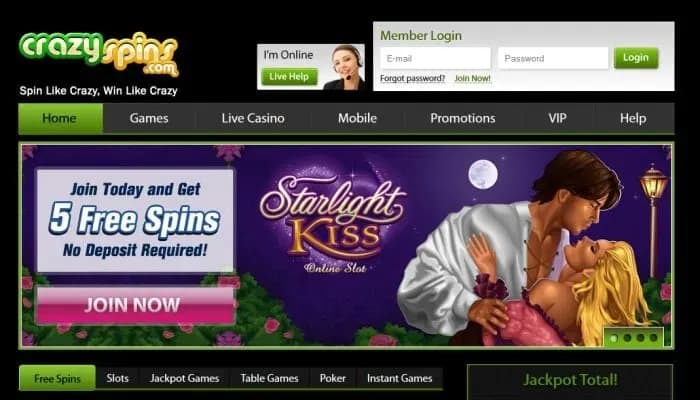 Captura del sitio web de Crazy Spins Casino