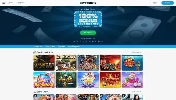 Captura del sitio web de Cryptorino Casino