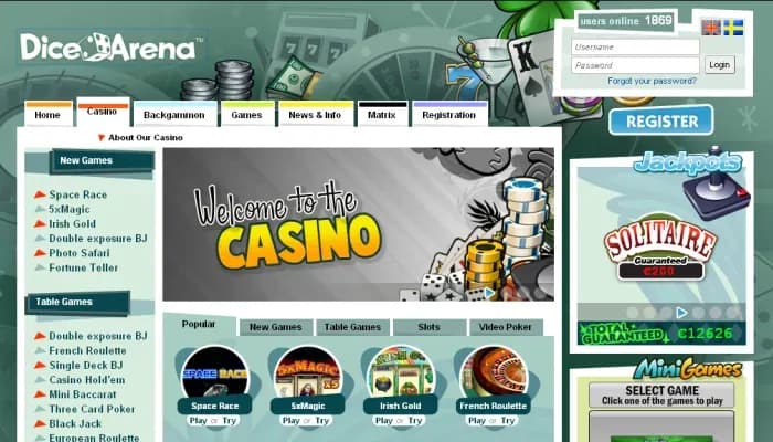 Captura del sitio web de Dice Arena Casino