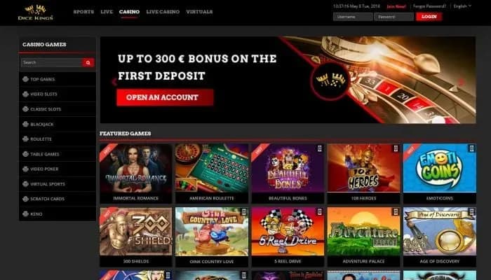 Captura del sitio web de Dice Kings Casino