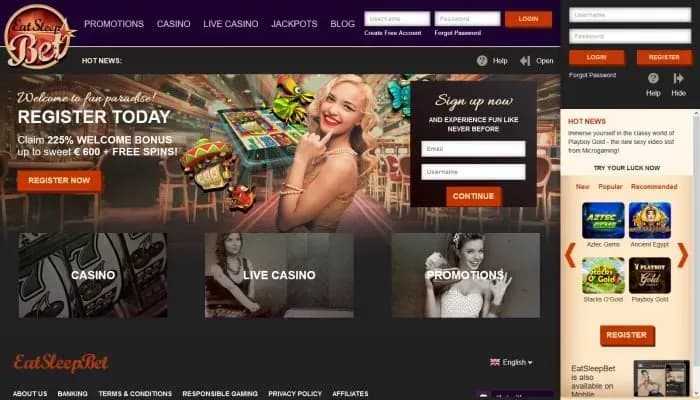 Captura del sitio web de EatSleepBet Casino