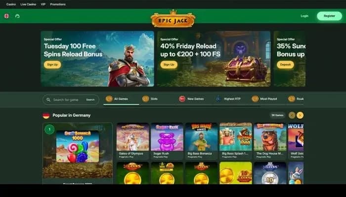 Captura del sitio web de EpicJack Casino