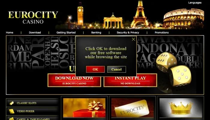 Captura del sitio web de Euro City Casino