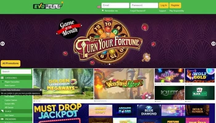 Captura del sitio web de Evoreels Casino