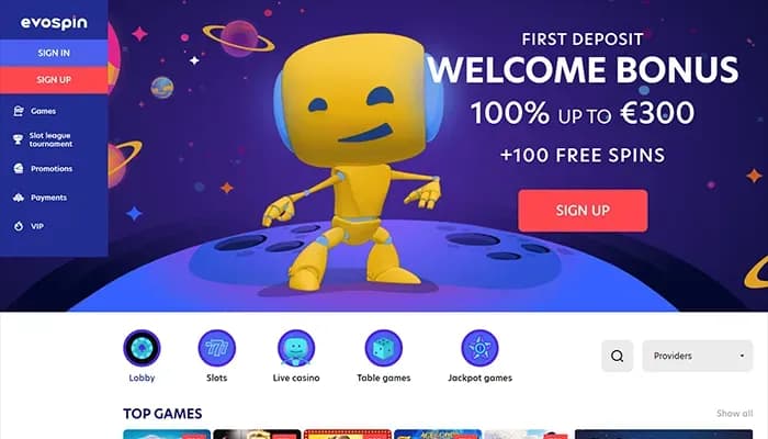 Captura del sitio web de Evospin Casino