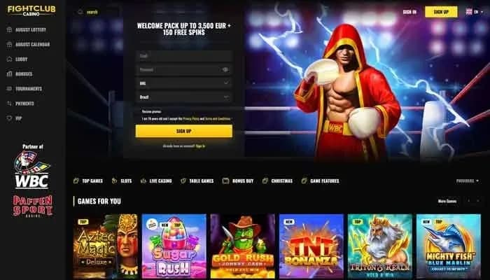 Captura del sitio web de Fight Club Casino