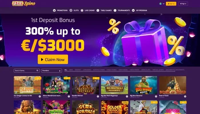 Captura del sitio web de Freespino Casino