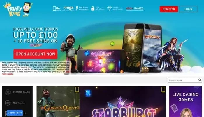 Captura del sitio web de Fruity King Casino