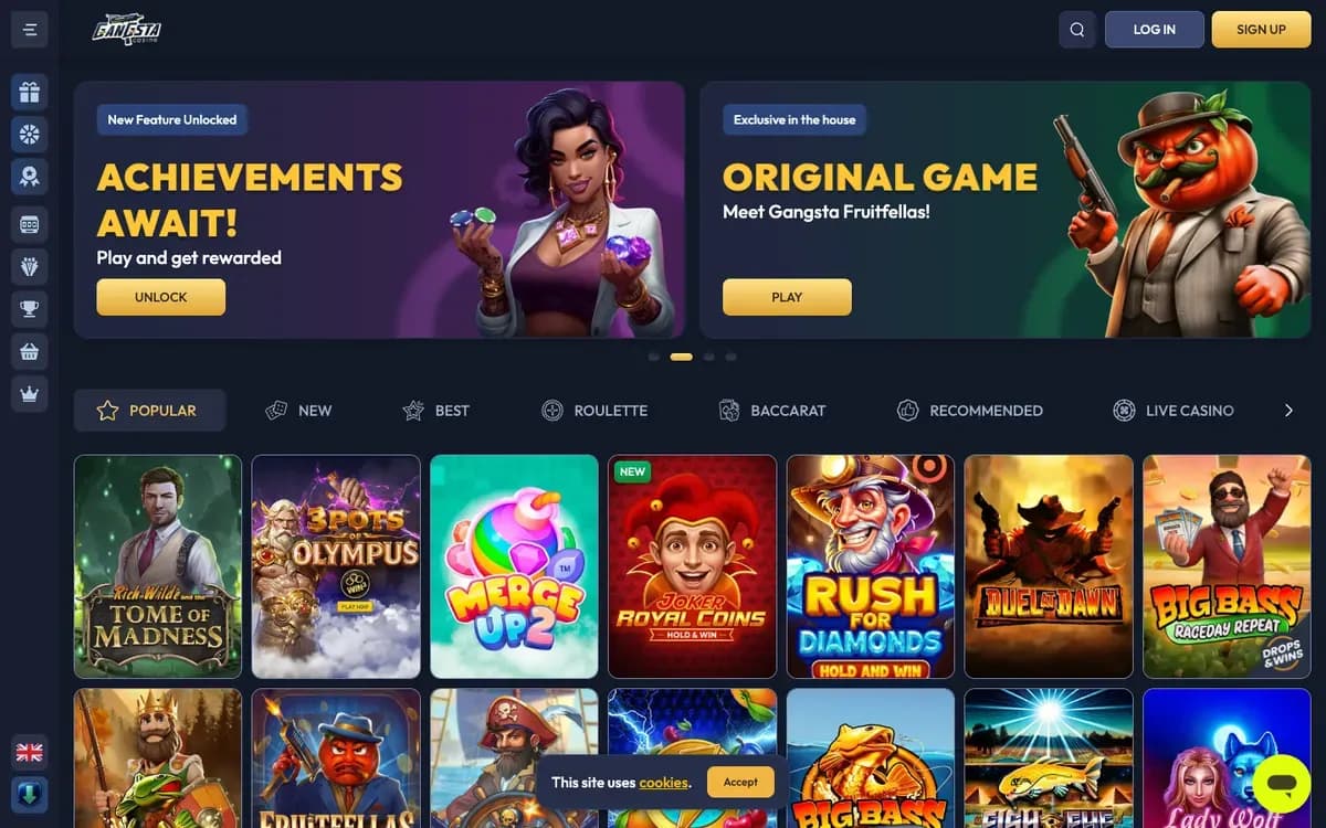 Captura del sitio web de Gangsta Casino